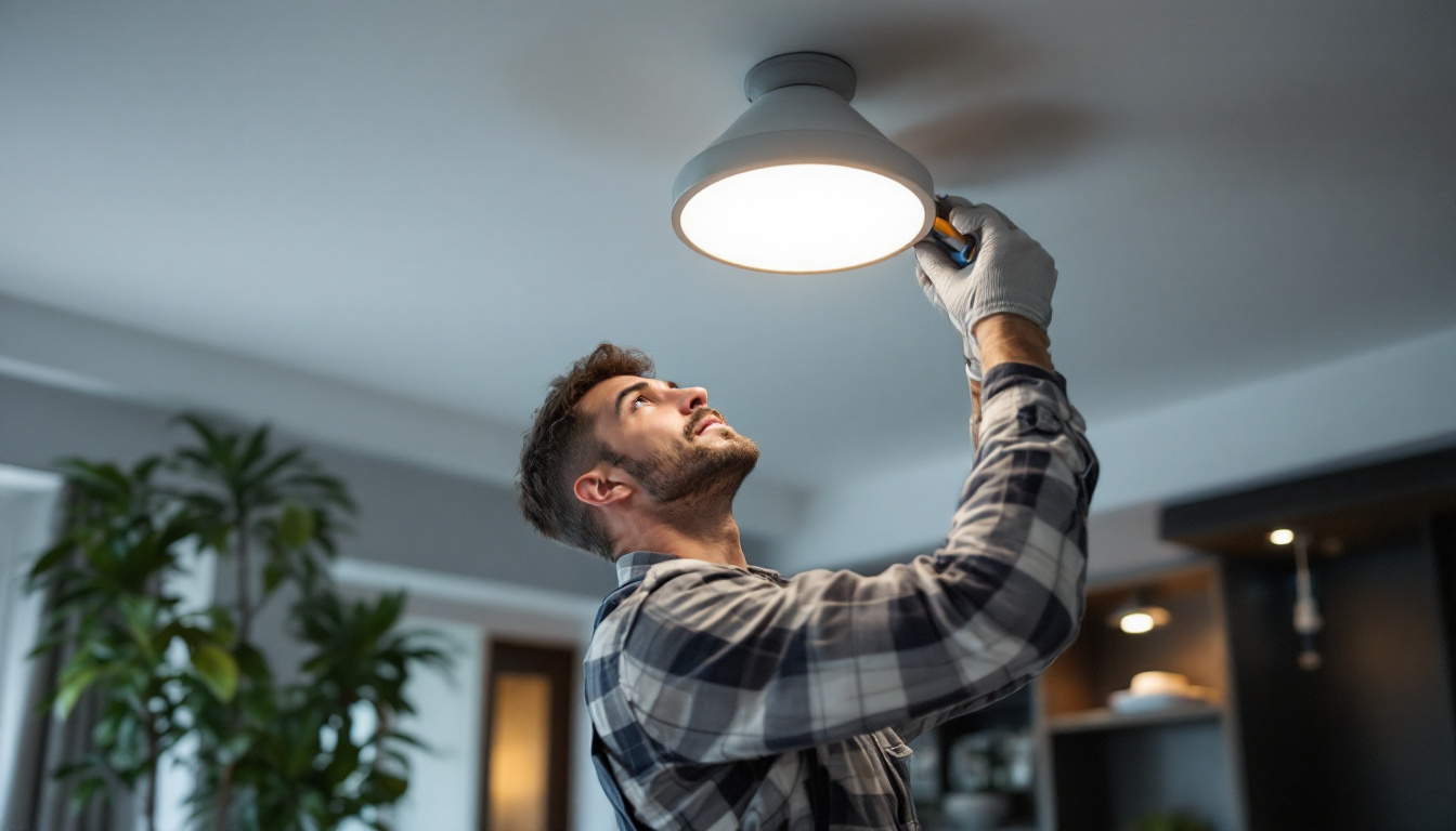 A photograph of a skilled electrician installing a ceiling led light fixture in a modern home setting
