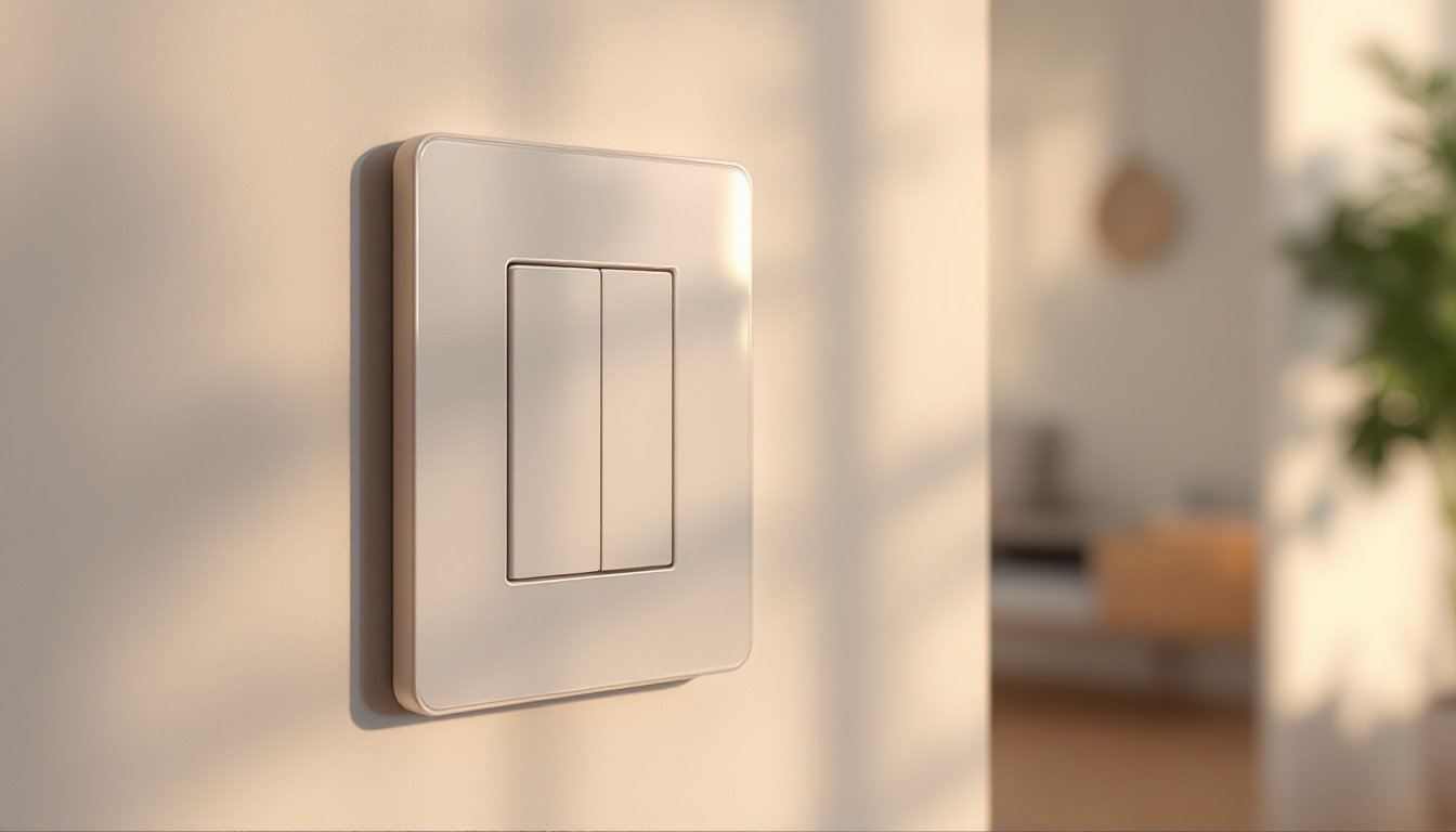 A photograph of a close-up of a stylish switch and outlet combo installed in a modern home setting