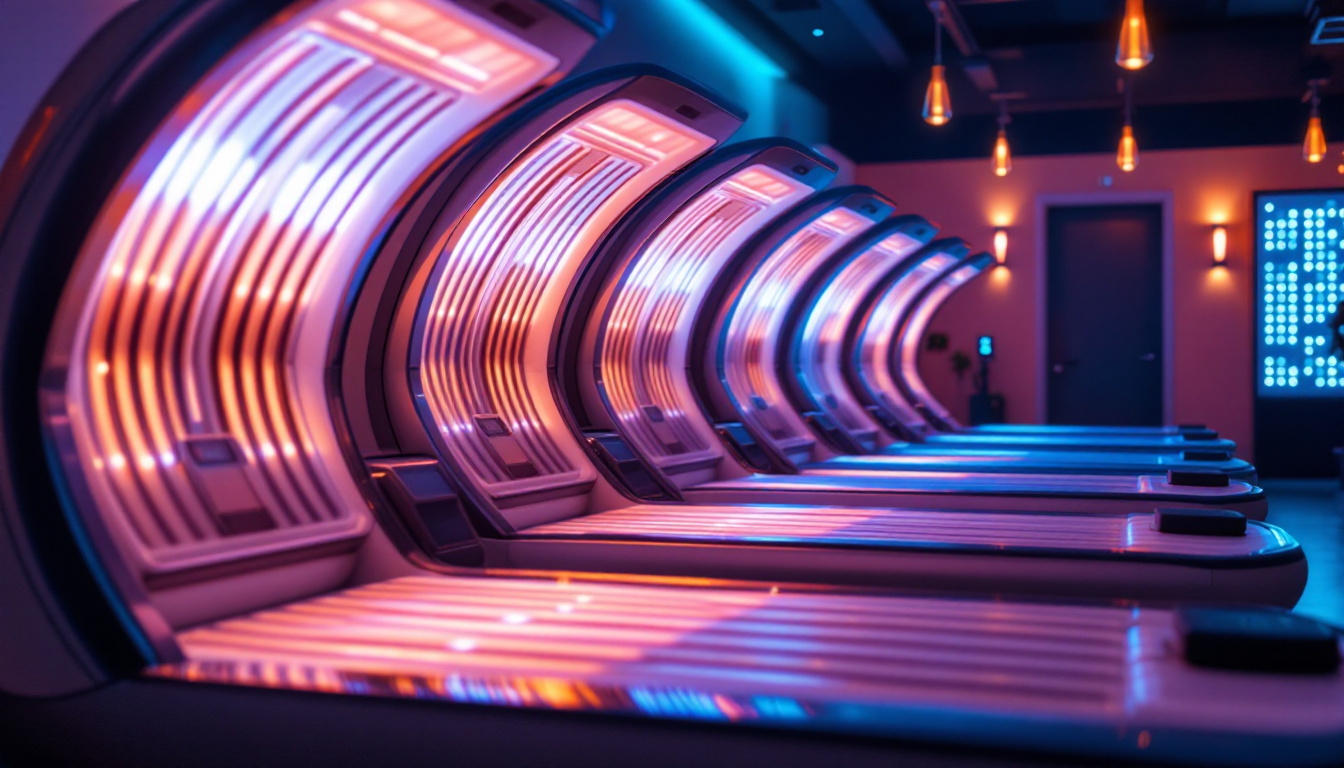 A photograph of a well-lit tanning salon interior showcasing a row of modern tanning beds with vibrant bulbs