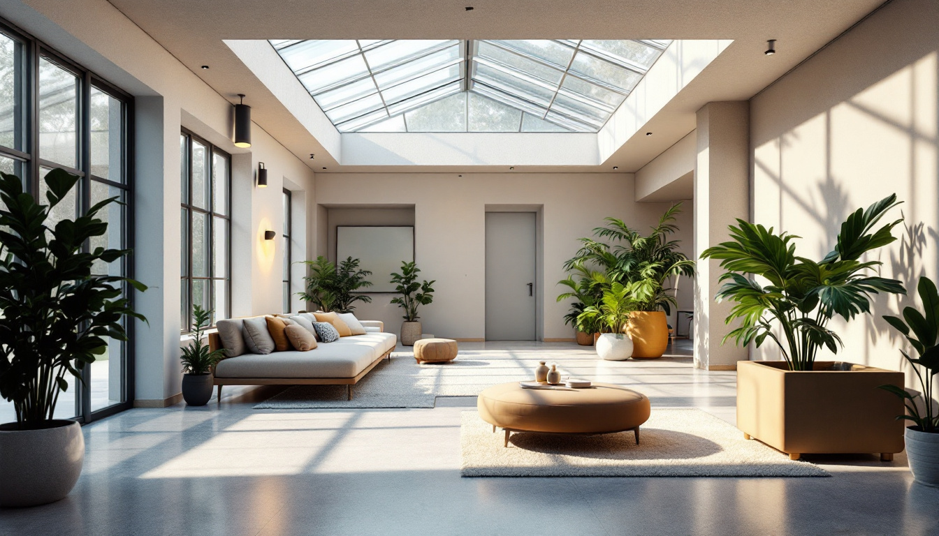 A photograph of a well-lit interior space showcasing various solar lighting installations