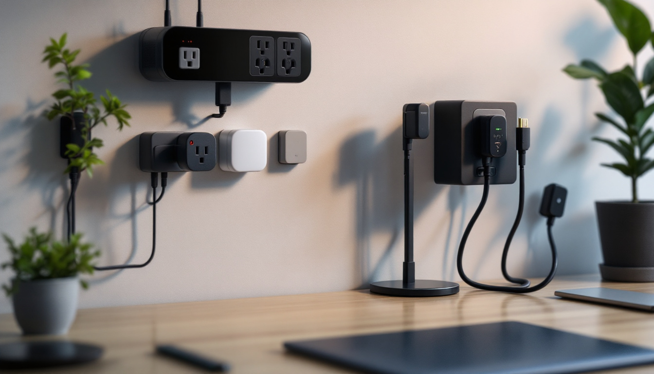A photograph of a well-organized workspace featuring various types of electrical outlets and charging solutions in use