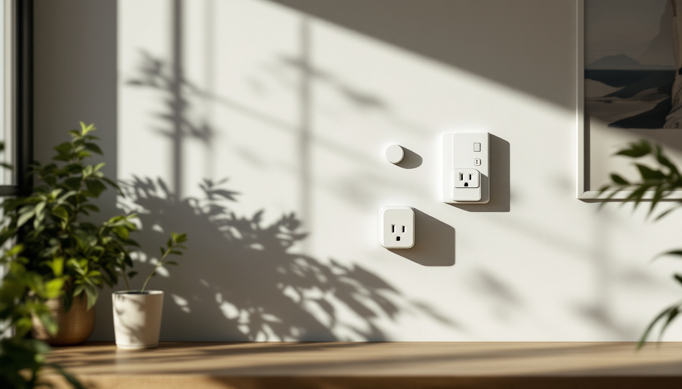A photograph of a modern home interior featuring various types of energy-efficient wall outlets