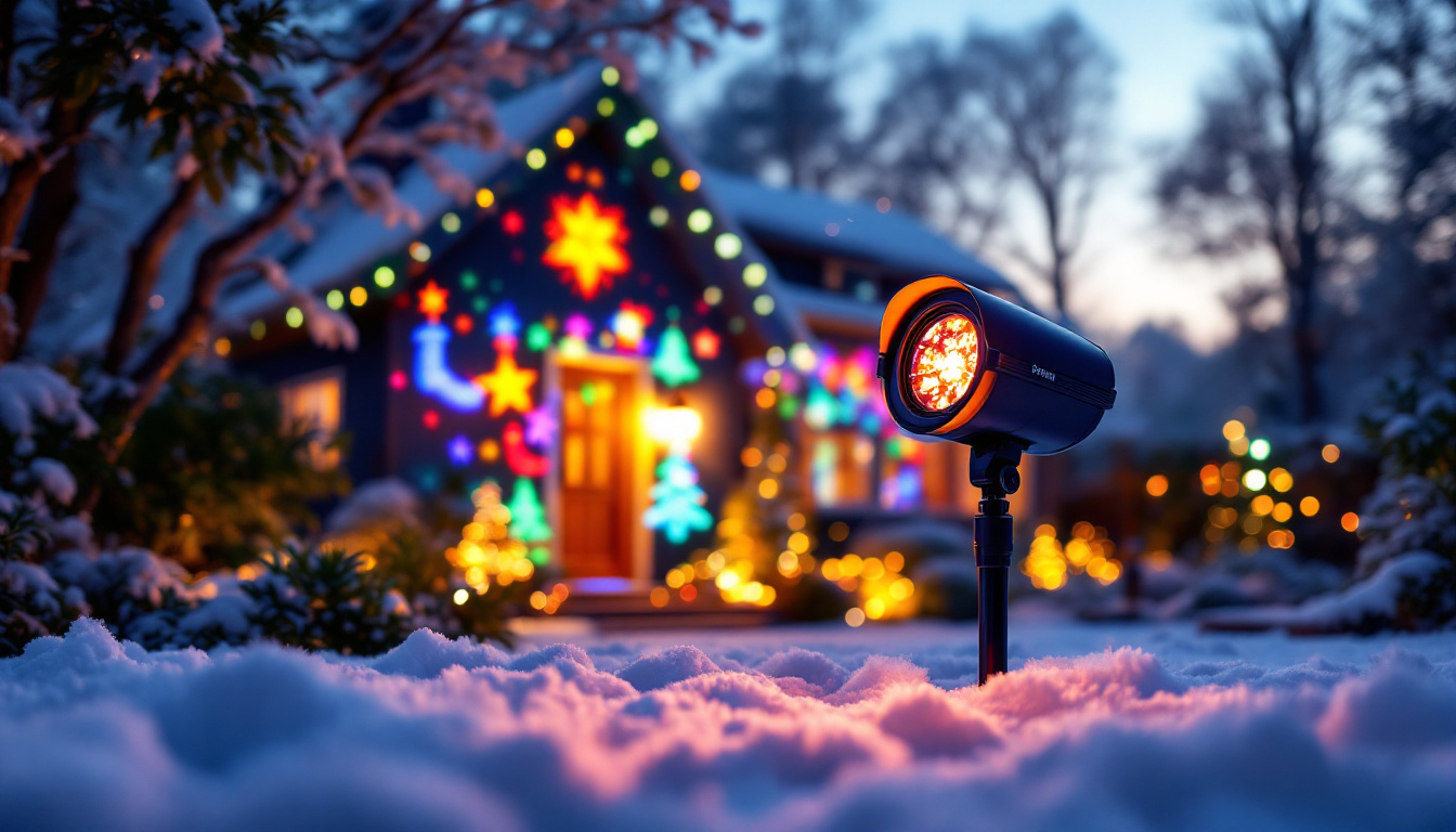 A photograph of a beautifully illuminated outdoor scene featuring a christmas projector light casting vibrant