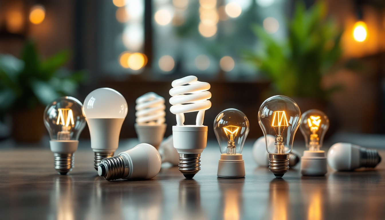 A photograph of a variety of light bulb socket types displayed alongside energy-efficient light bulbs