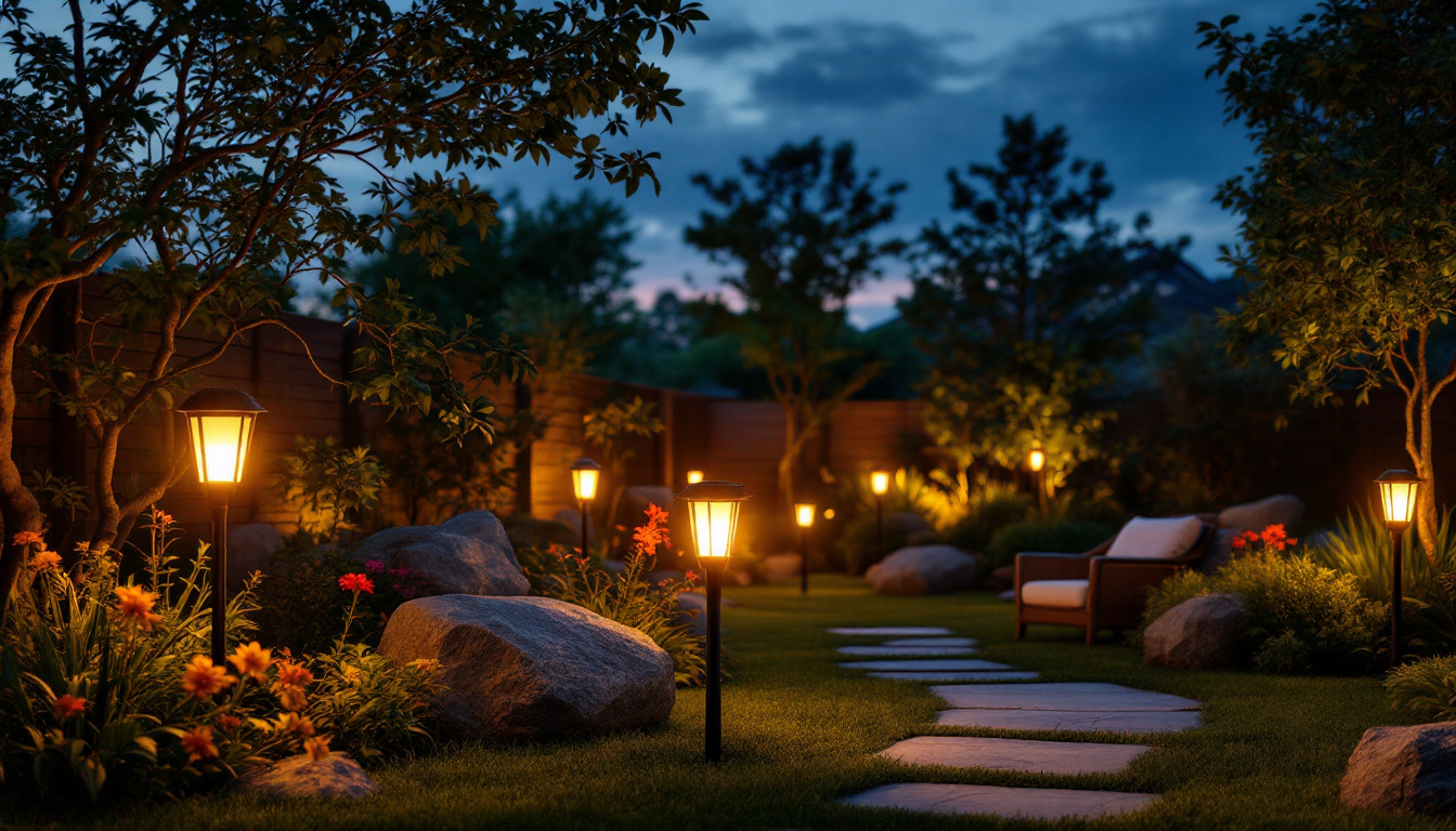 A photograph of capture a photograph of a beautifully landscaped outdoor space illuminated by various types of solar lights during twilight