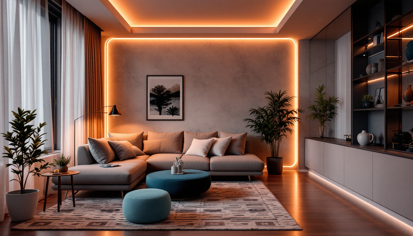 A photograph of a stylishly illuminated room featuring led tape lighting accenting architectural details