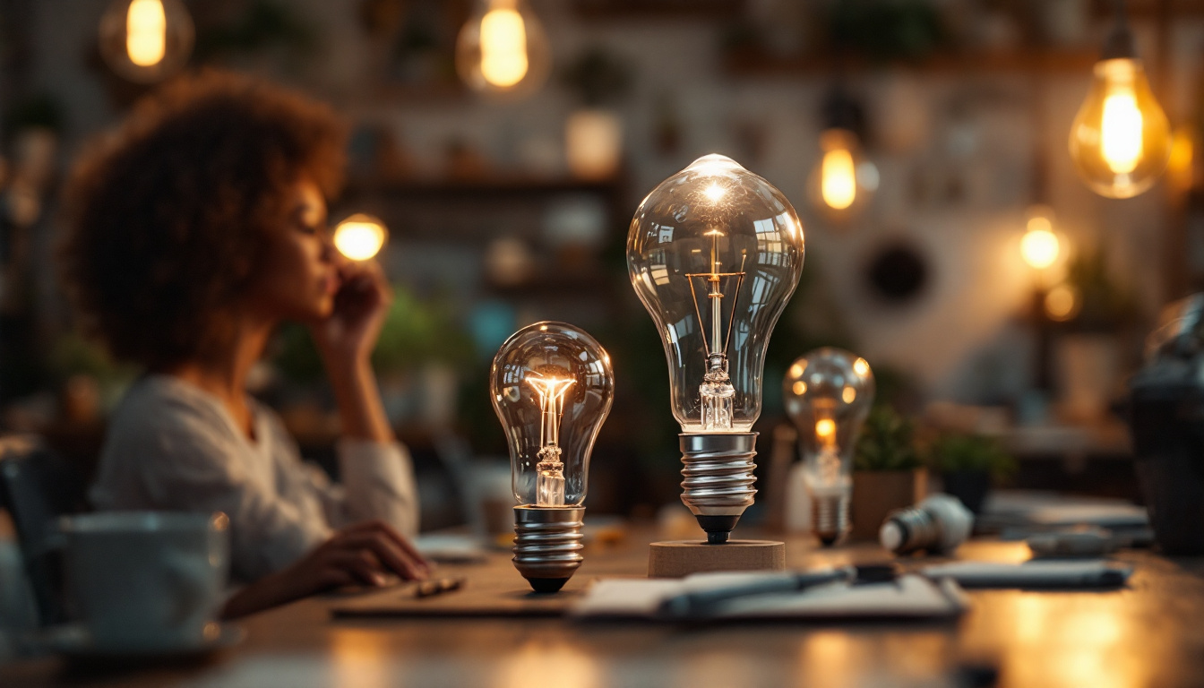 A photograph of a well-organized workspace featuring various types of light bulbs in use