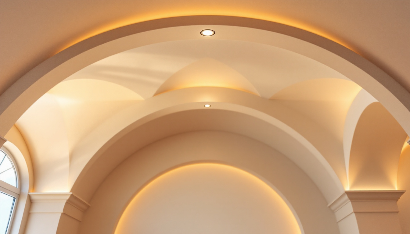 A photograph of a beautifully designed vaulted ceiling featuring recessed can lights