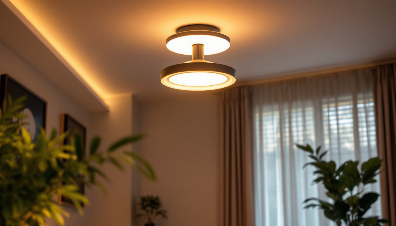 A photograph of a modern ceiling-mounted light fixture illuminating a stylish