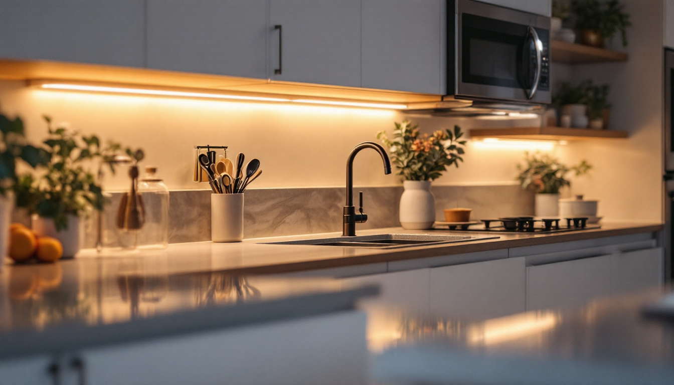 A photograph of a beautifully illuminated kitchen with led under cabinet lighting highlighting the countertops