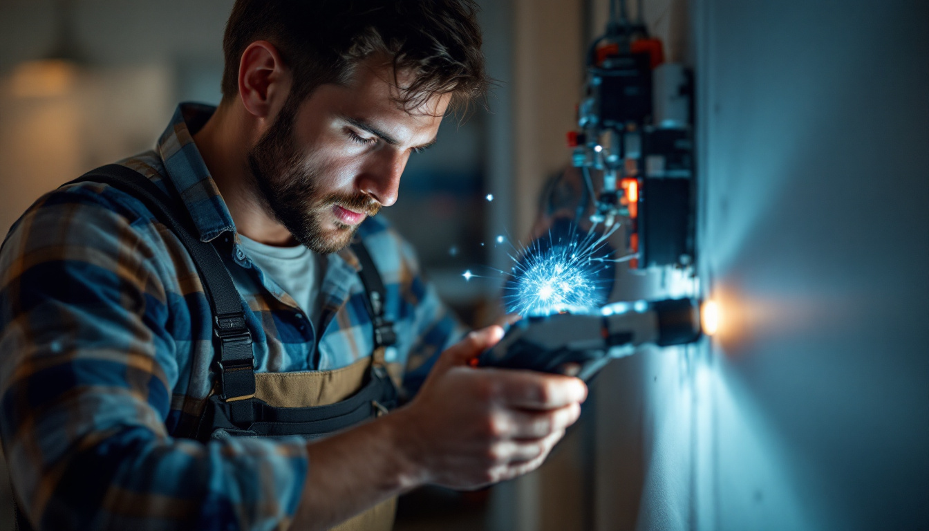 A photograph of a skilled electrician using advanced tools in a residential setting