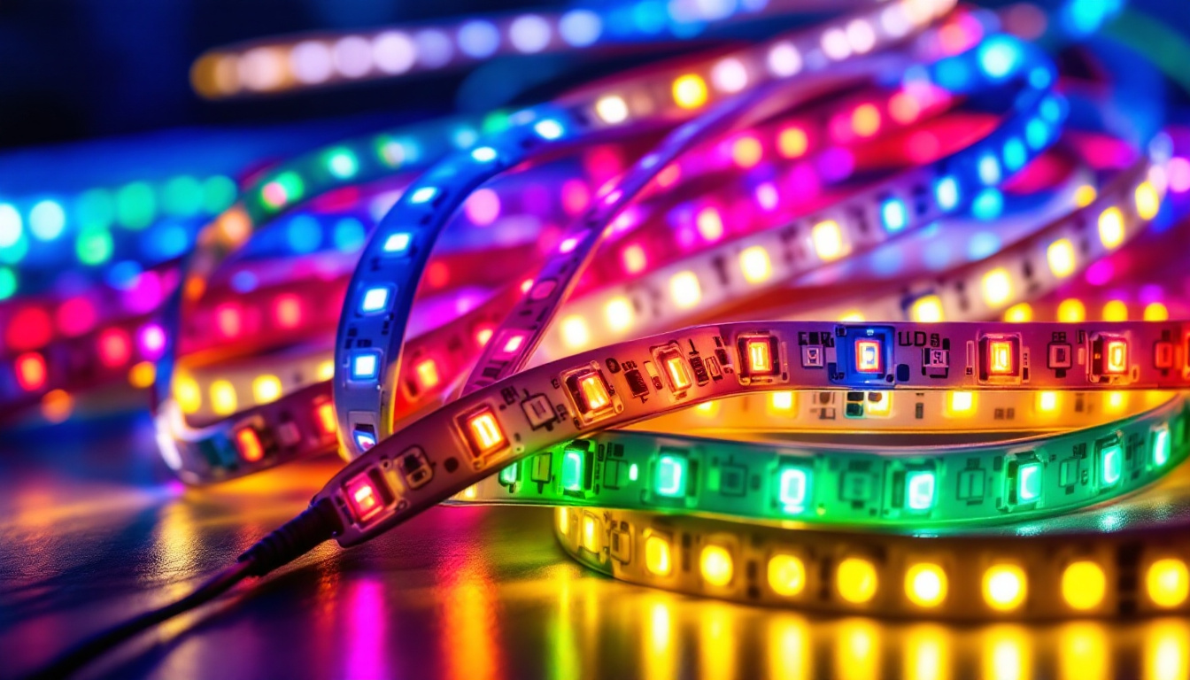 A photograph of a beautifully arranged display of various strip led lights in different colors and intensities