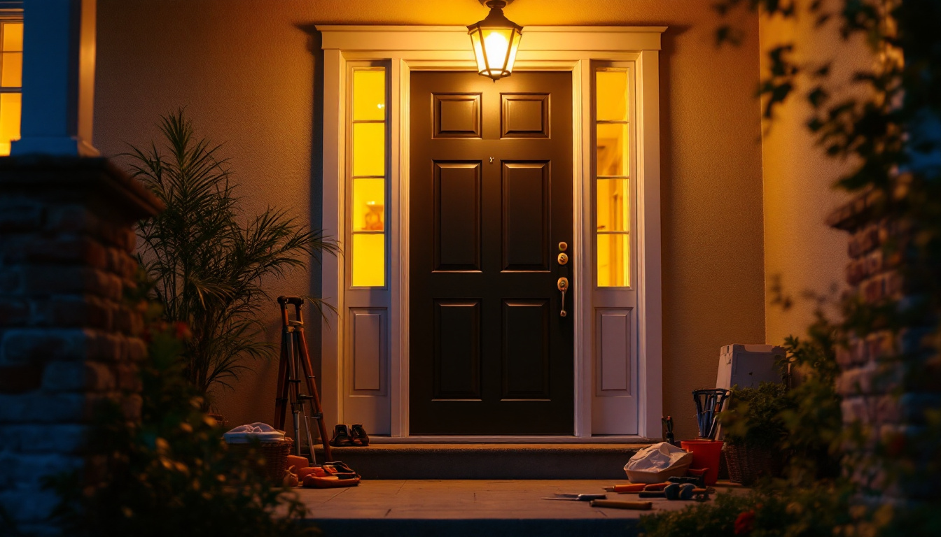 A photograph of a beautifully illuminated front door showcasing a newly installed light fixture
