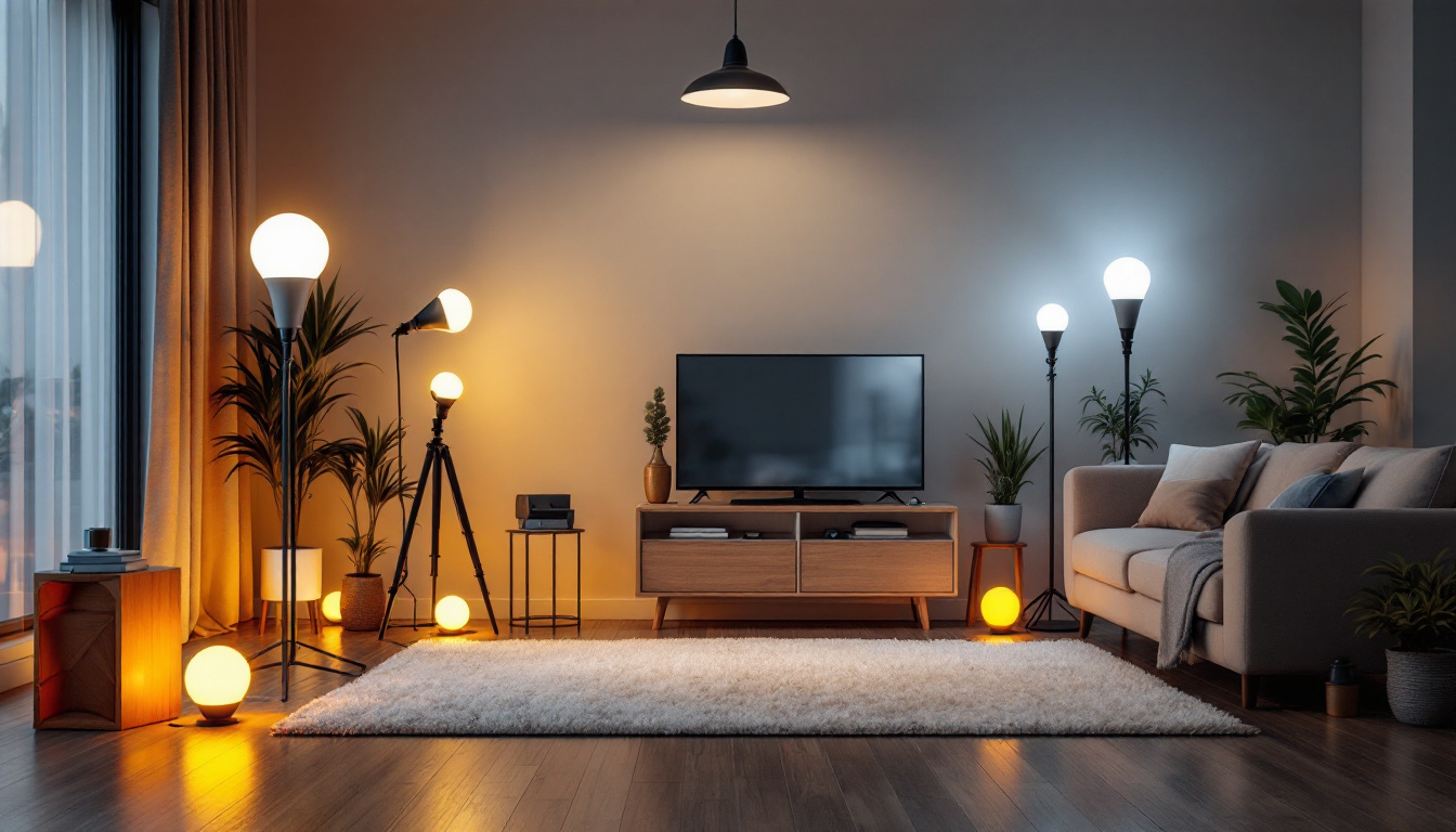 A photograph of a well-lit room featuring various 4ft led bulbs in different placements and settings
