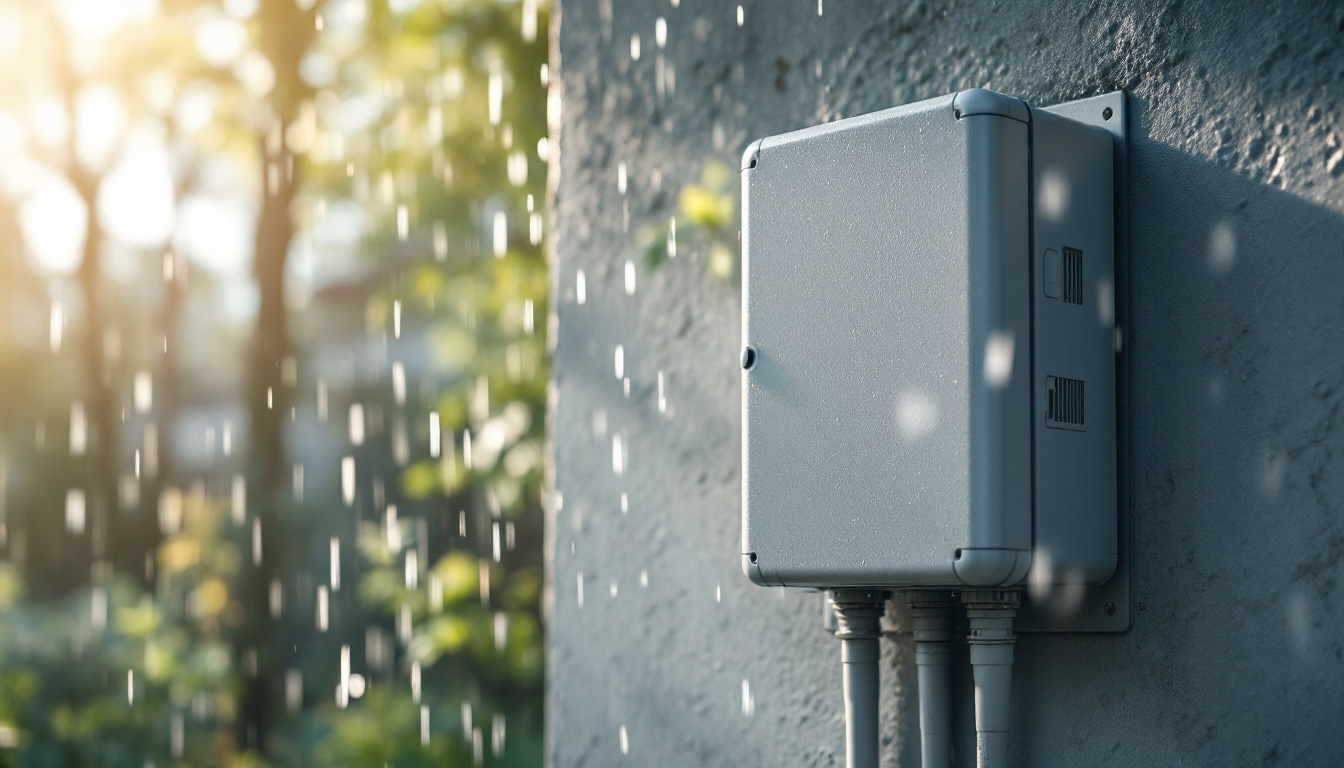 A photograph of a weather-resistant electrical box installed in an outdoor setting