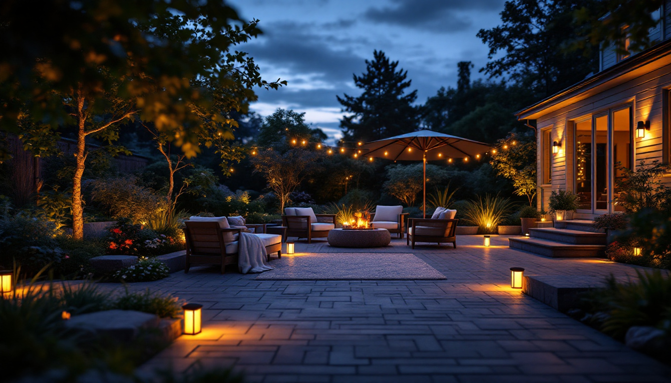 A photograph of a beautifully illuminated backyard at dusk
