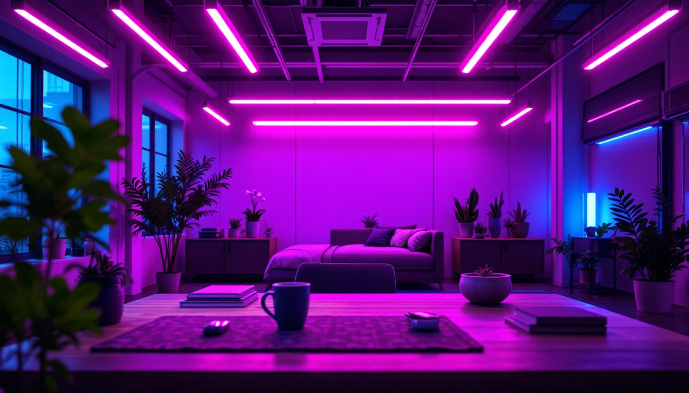A photograph of a modern industrial workspace illuminated by vibrant led lighting tubes