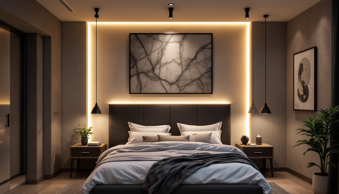 A photograph of a stylish bedroom featuring recessed lighting that highlights industrial design elements