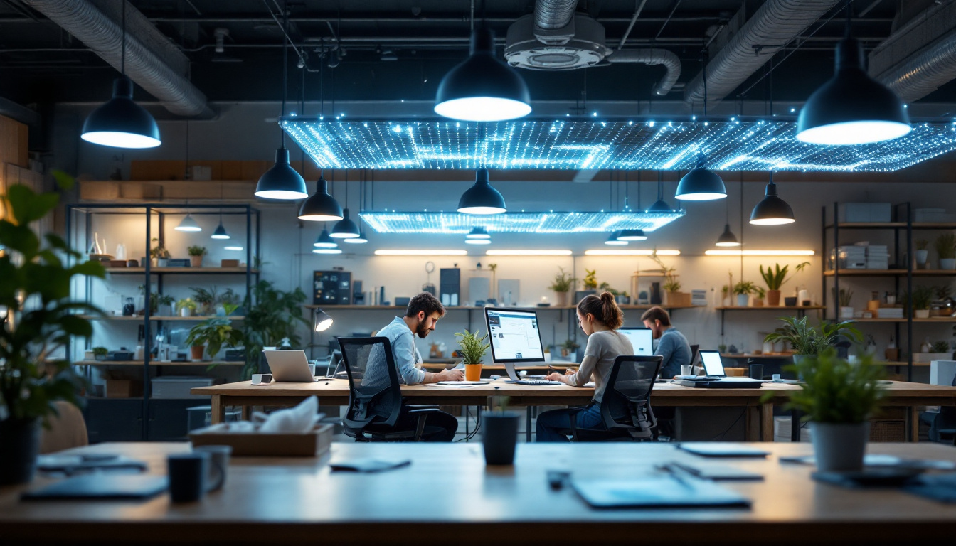A photograph of a modern industrial workspace featuring innovative lighting solutions