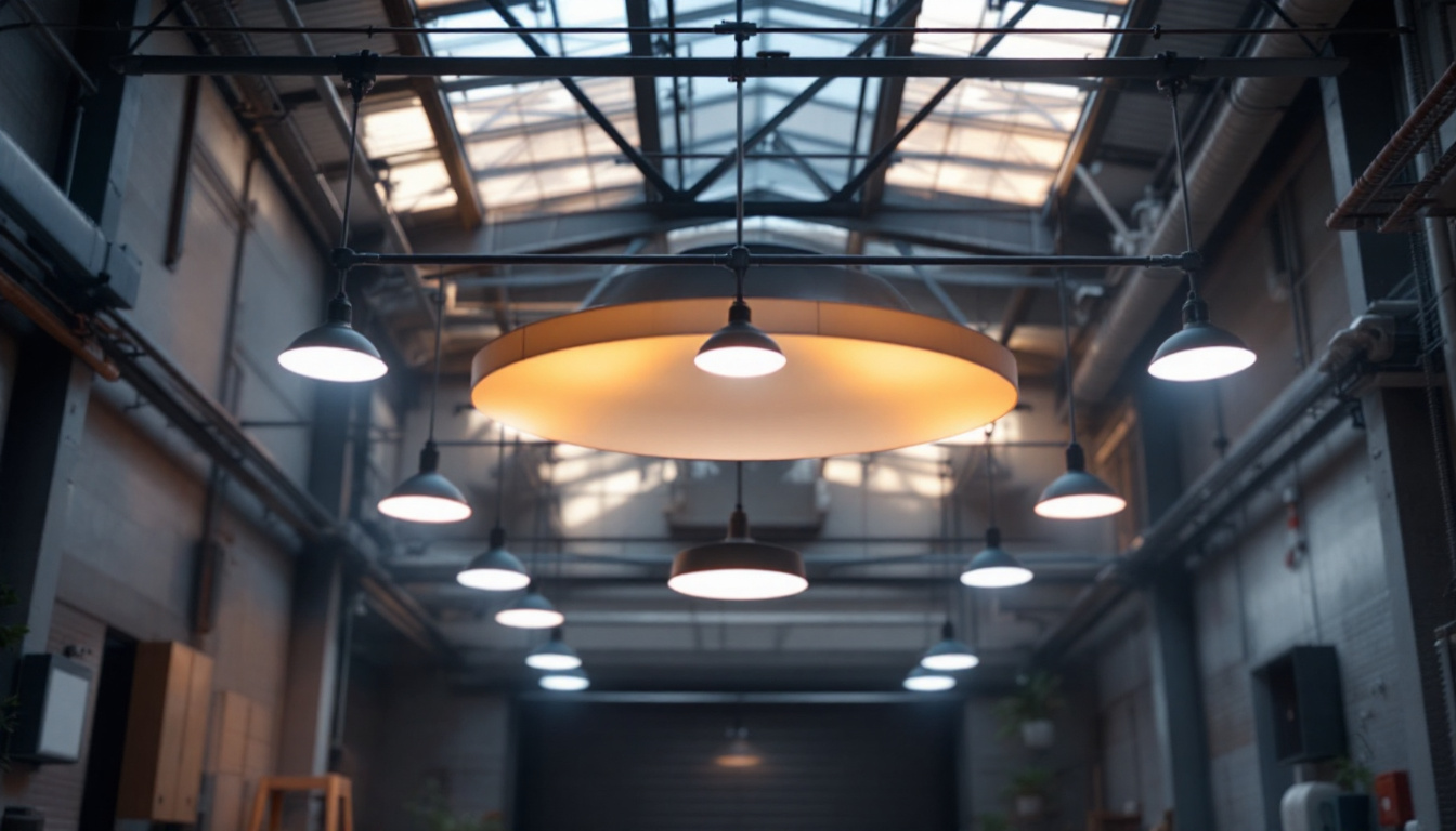 A photograph of a modern industrial space showcasing outdoor ceiling light fixtures installed in various settings