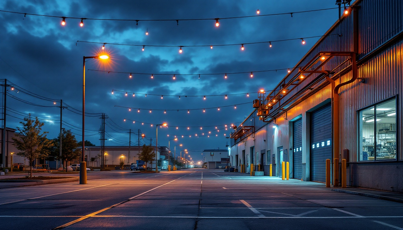 A photograph of a well-lit industrial or commercial outdoor space at dusk