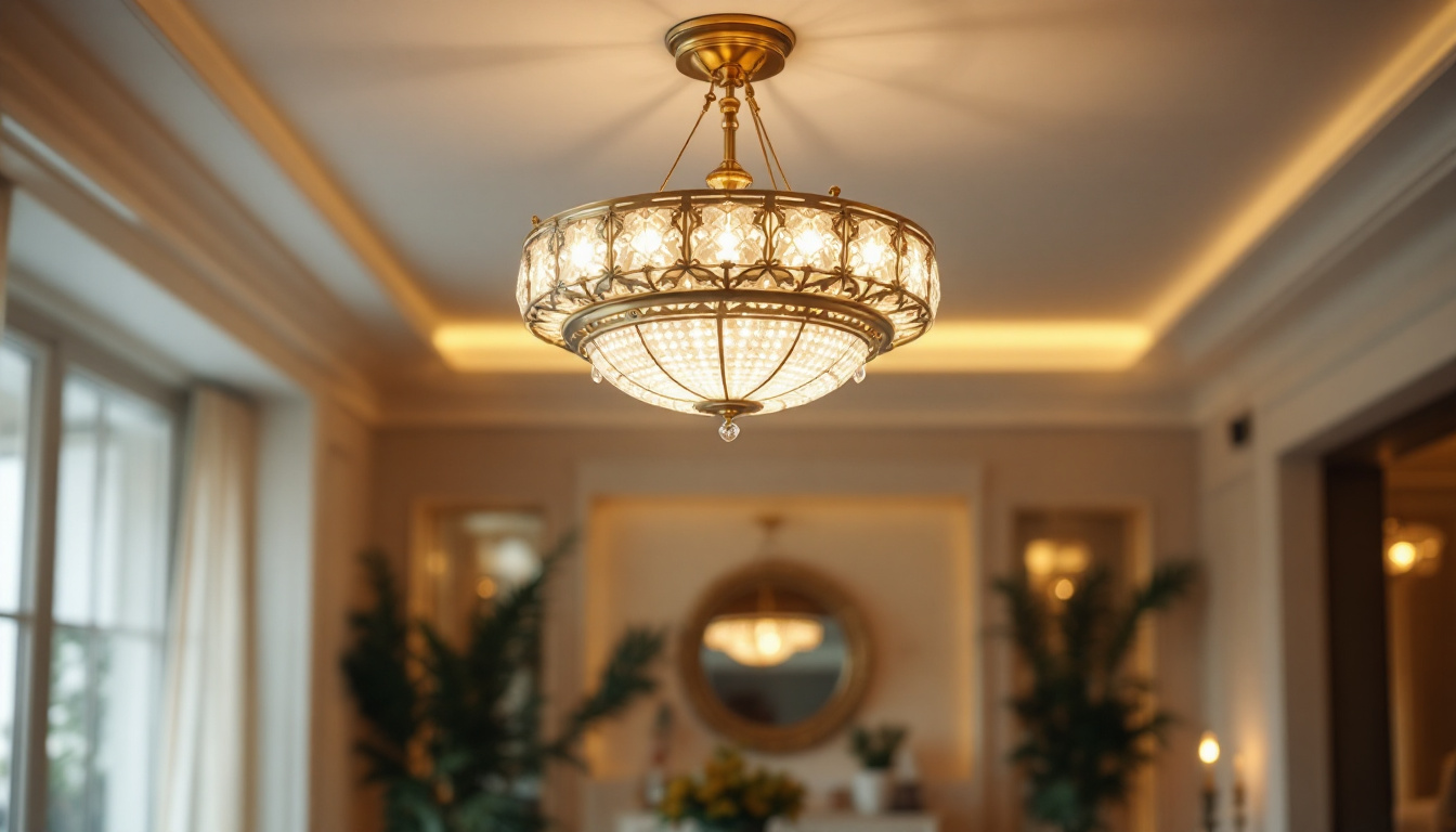 A photograph of a beautifully installed semi-flush chandelier in an elegantly decorated room