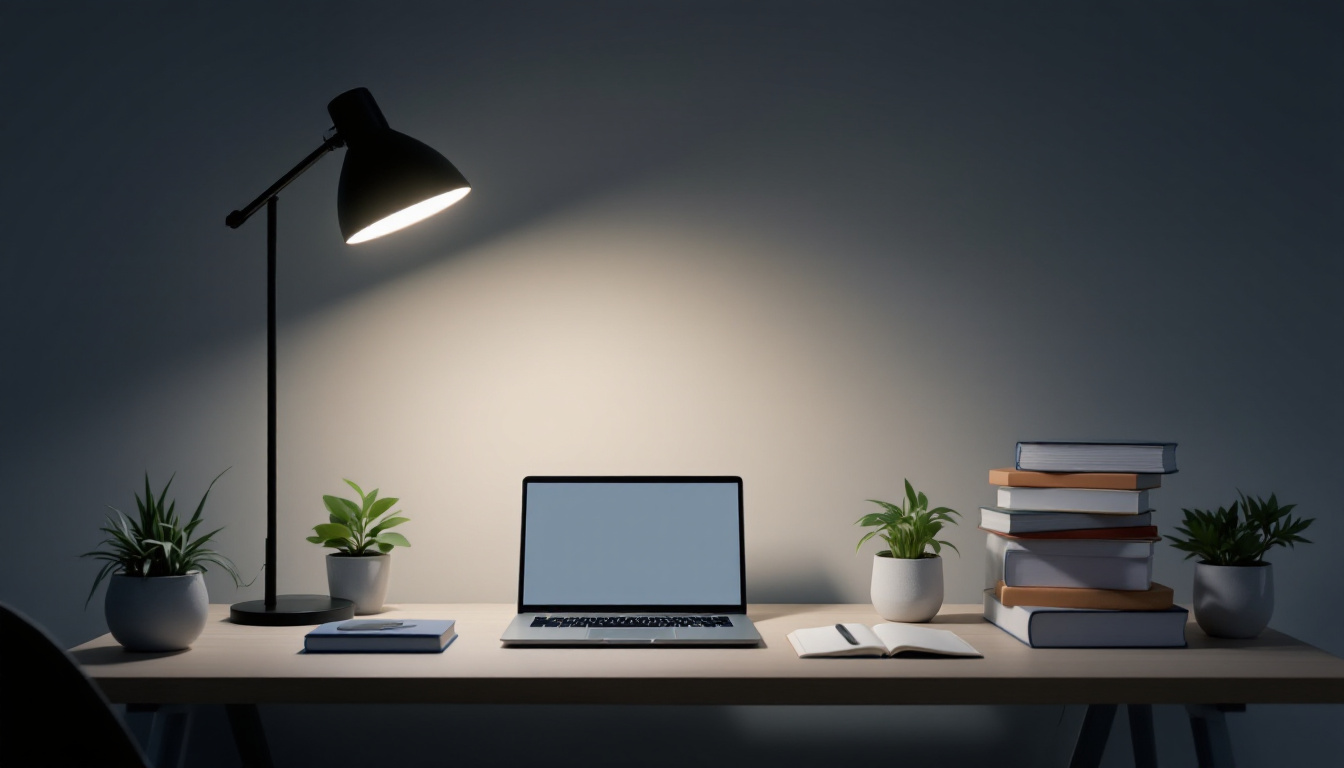 A photograph of a modern workspace featuring an energy-efficient smart desk light illuminating a neatly arranged desk with a laptop