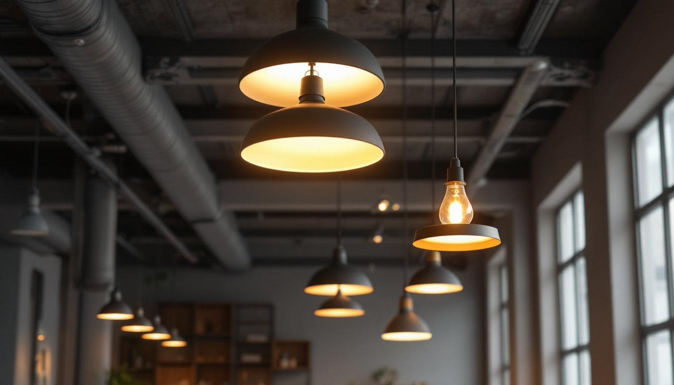 A photograph of a modern industrial space featuring stylish living room lamp ceilings