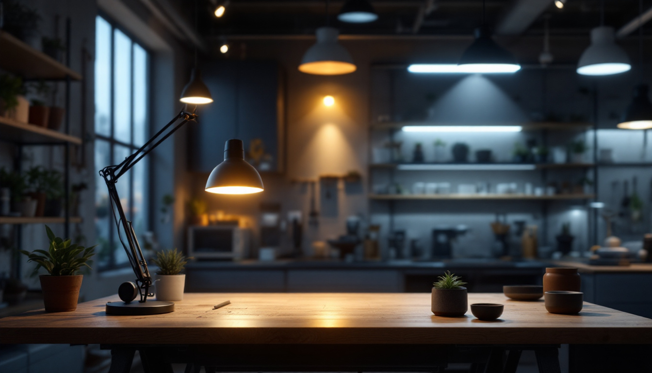 A photograph of a modern workshop or retail space illuminated by innovative shop lights