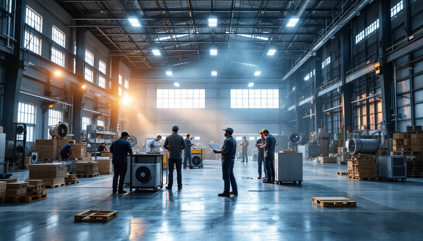 A photograph of a spacious warehouse interior with industrial fans in operation