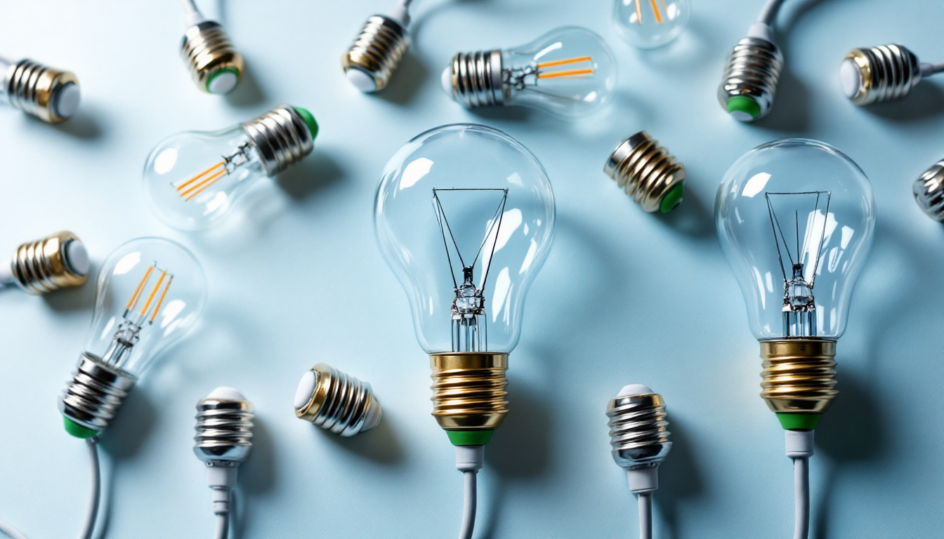 A photograph of a variety of light bulb connectors and their corresponding bulbs arranged aesthetically on a clean surface
