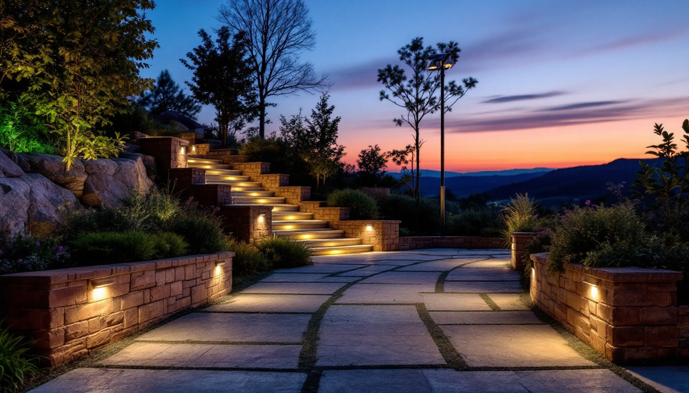 A photograph of a beautifully illuminated outdoor staircase featuring solar lighting