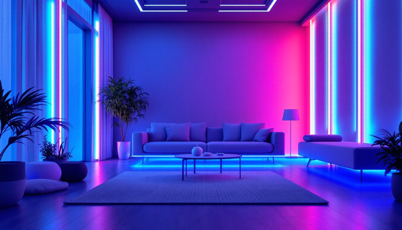 A photograph of a stylish modern room illuminated by vibrant led light strips