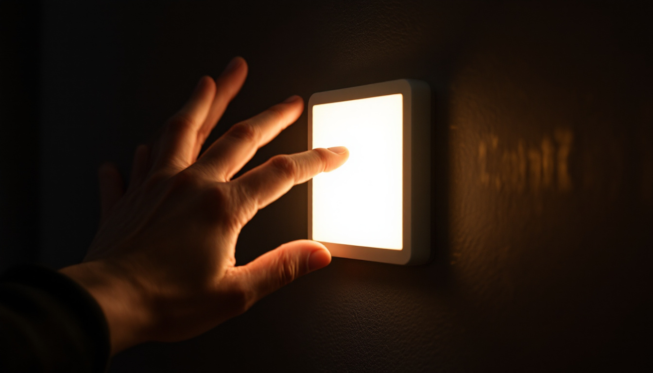 A photograph of capture a photograph of a modern illuminated light switch in a dimly lit environment