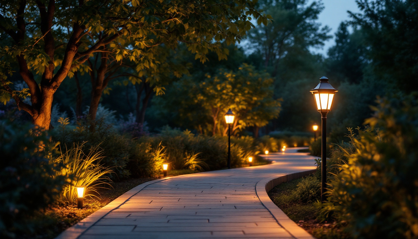 A photograph of a beautifully illuminated outdoor pathway at dusk