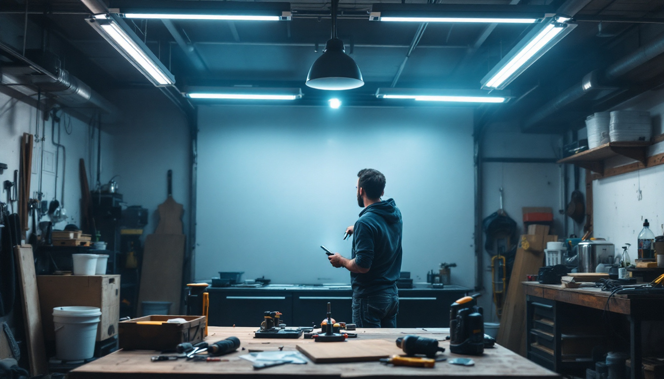 A photograph of a well-lit workshop or garage showcasing the installation process of 4ft led shop lights