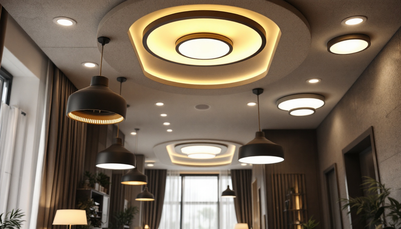 A photograph of a stylishly designed room featuring various types of recessed ceiling lights