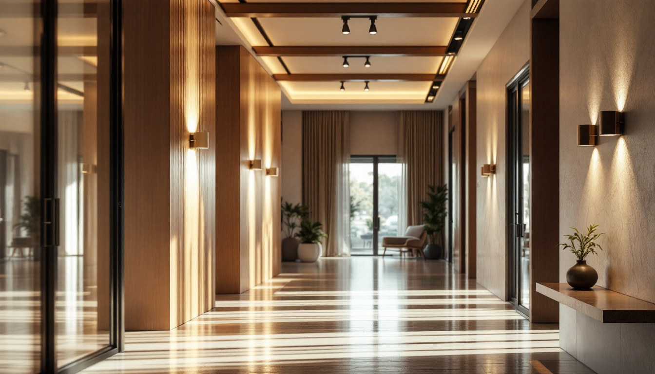 A photograph of a well-lit hallway featuring stylish ceiling lamps that enhance the space's efficiency and ambiance