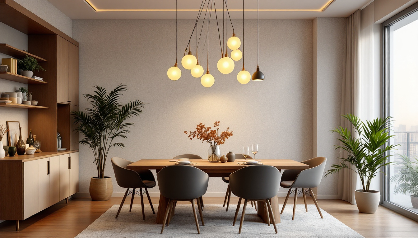 A photograph of a beautifully designed dining room featuring an elegant ceiling lamp that highlights the space's ambiance