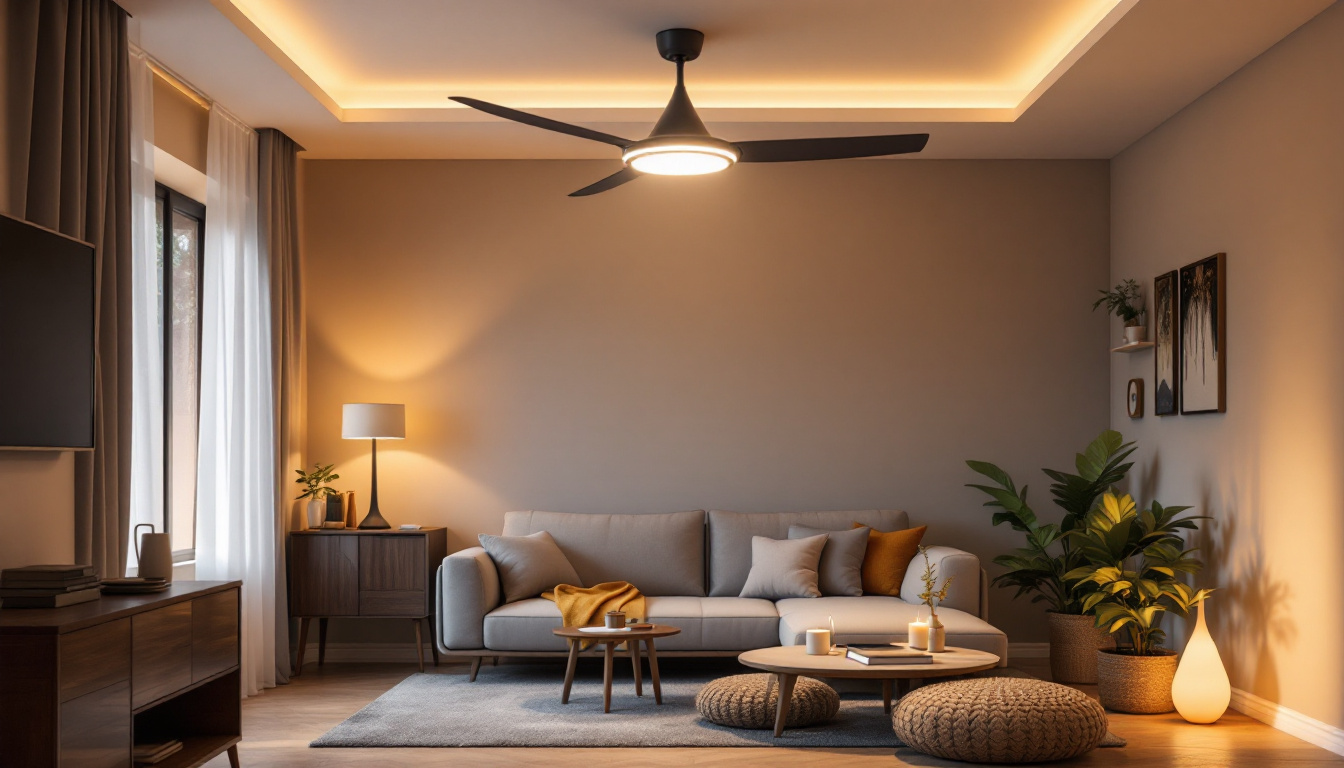 A photograph of a stylishly designed room featuring a modern ceiling fan with integrated lighting