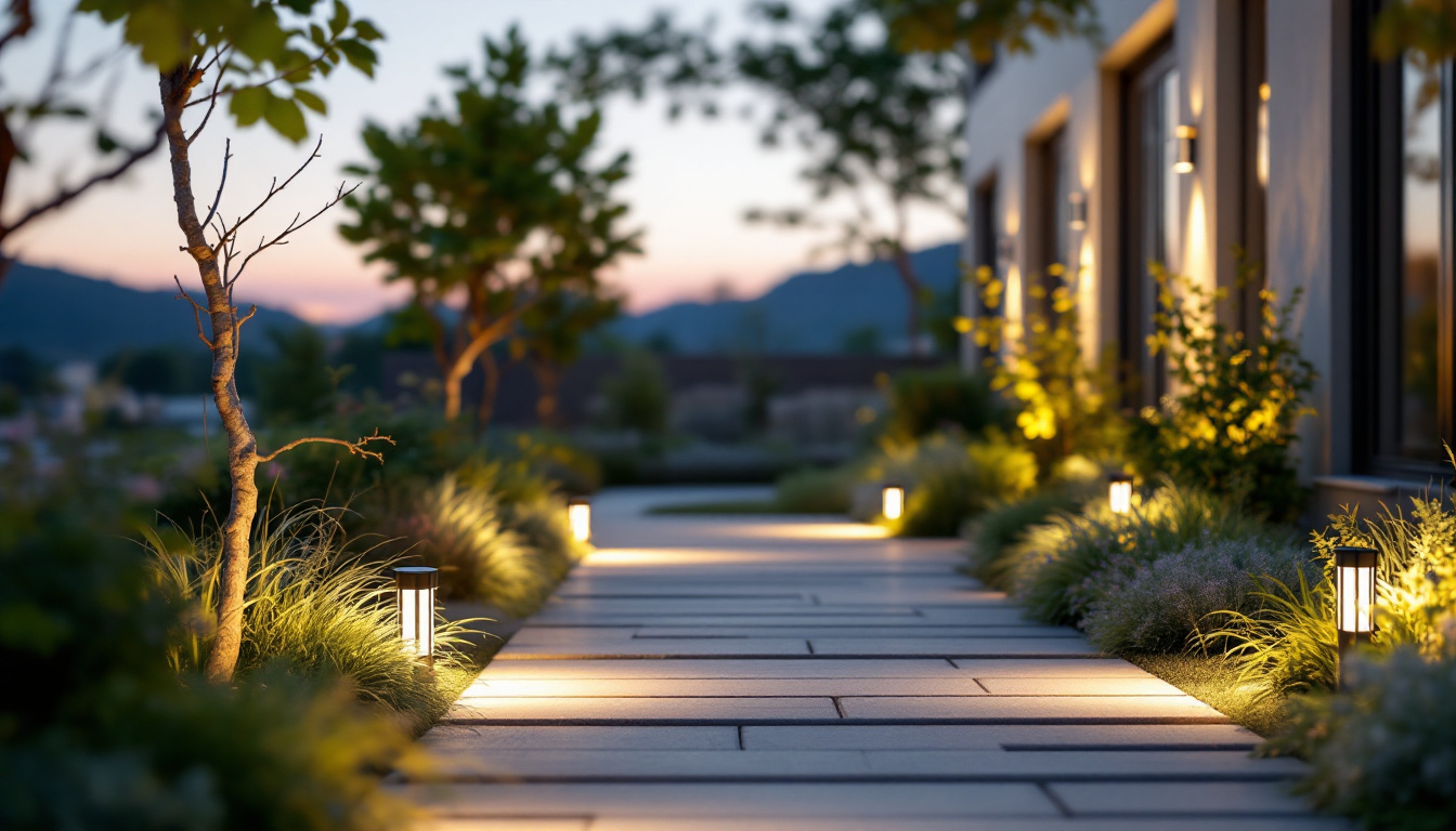 A photograph of a beautifully illuminated outdoor space featuring eco-friendly exterior motion detector lights