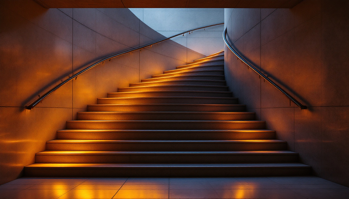A photograph of a beautifully illuminated staircase featuring a combination of ambient and accent lighting