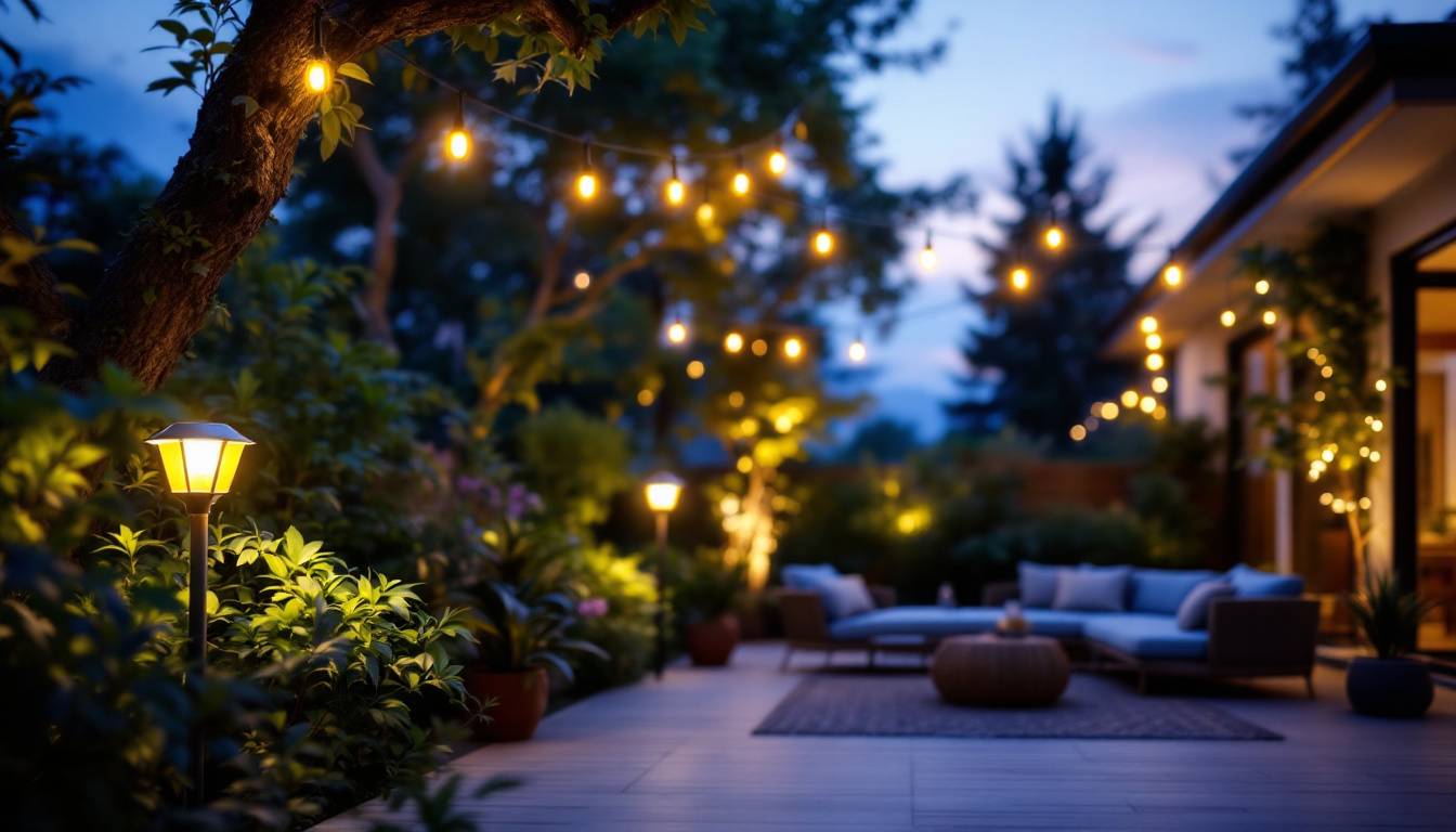 A photograph of a beautifully illuminated outdoor space featuring solar led lights