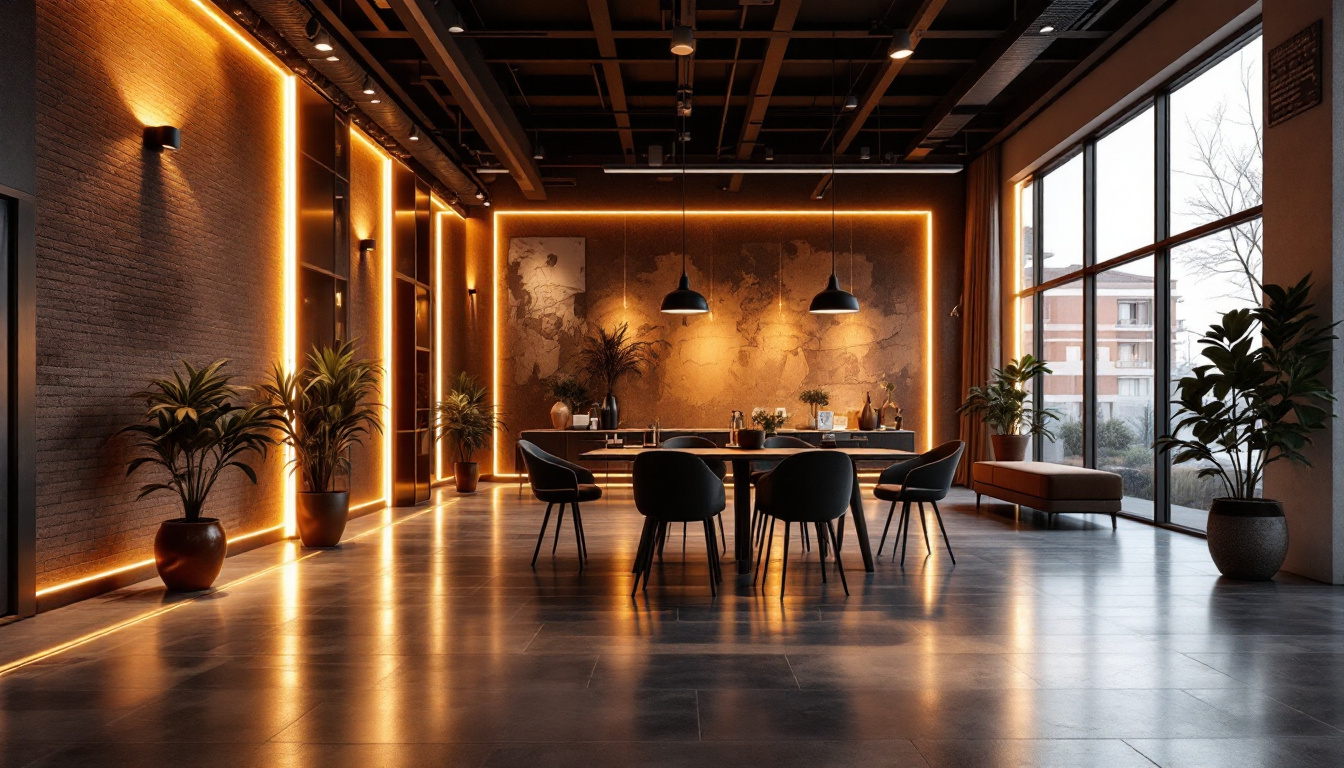 A photograph of a stylish modern space illuminated by warm