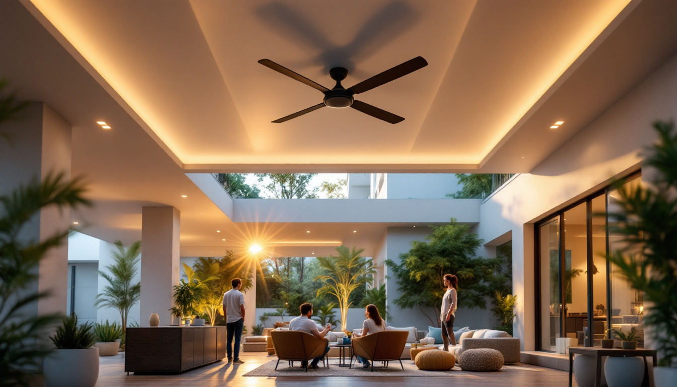 A photograph of a spacious outdoor area featuring a large ceiling fan in action