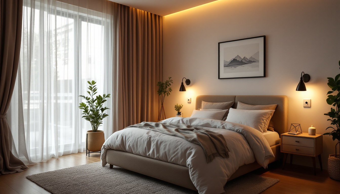 A photograph of a beautifully lit bedroom showcasing strategically placed lighting fixtures that create a warm