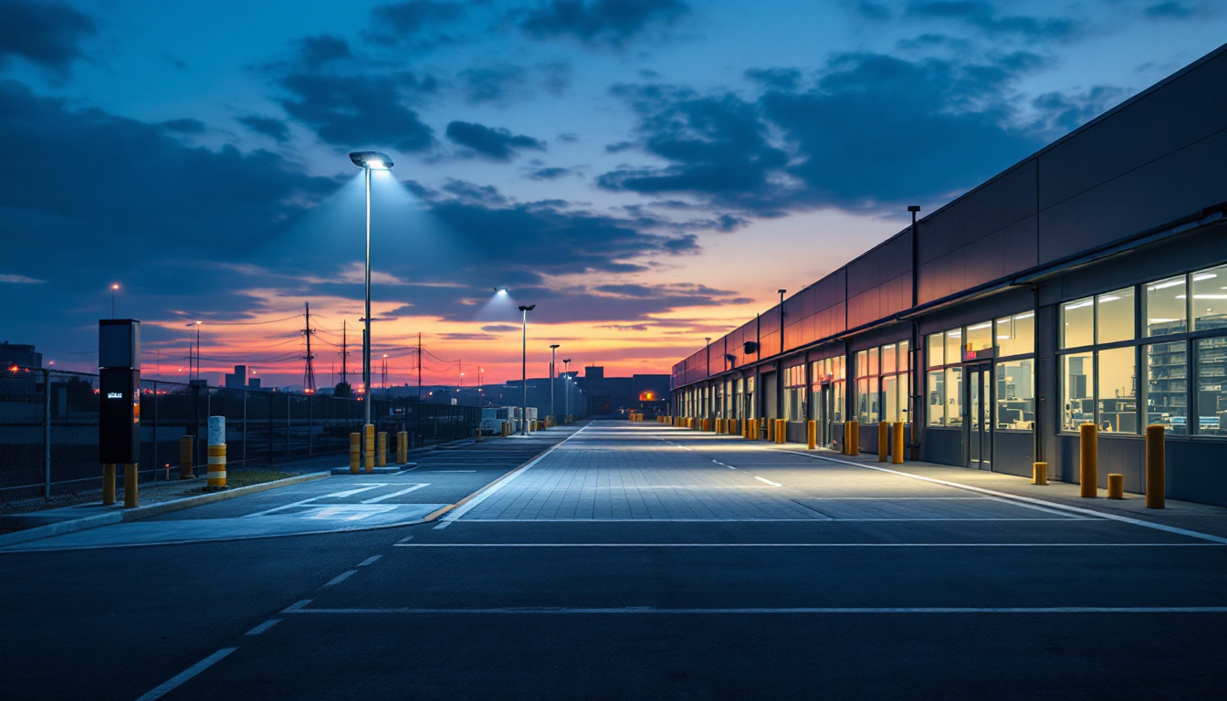A photograph of capture a photograph of a well-lit industrial or commercial space at dusk