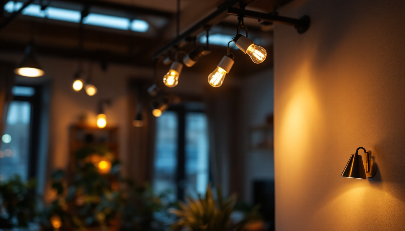 A photograph of a well-lit interior space featuring various track light fixtures with different bulb types
