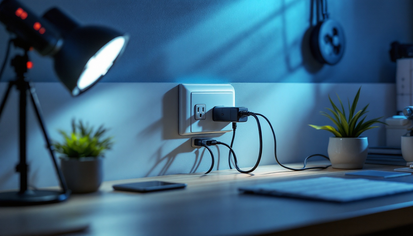 A photograph of a well-lit workspace featuring a quad outlet in use