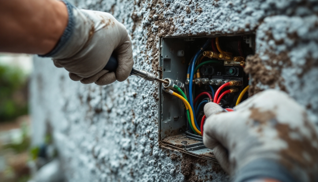 A photograph of a close-up shot of a person expertly installing waterproof wire nuts in an outdoor electrical junction box
